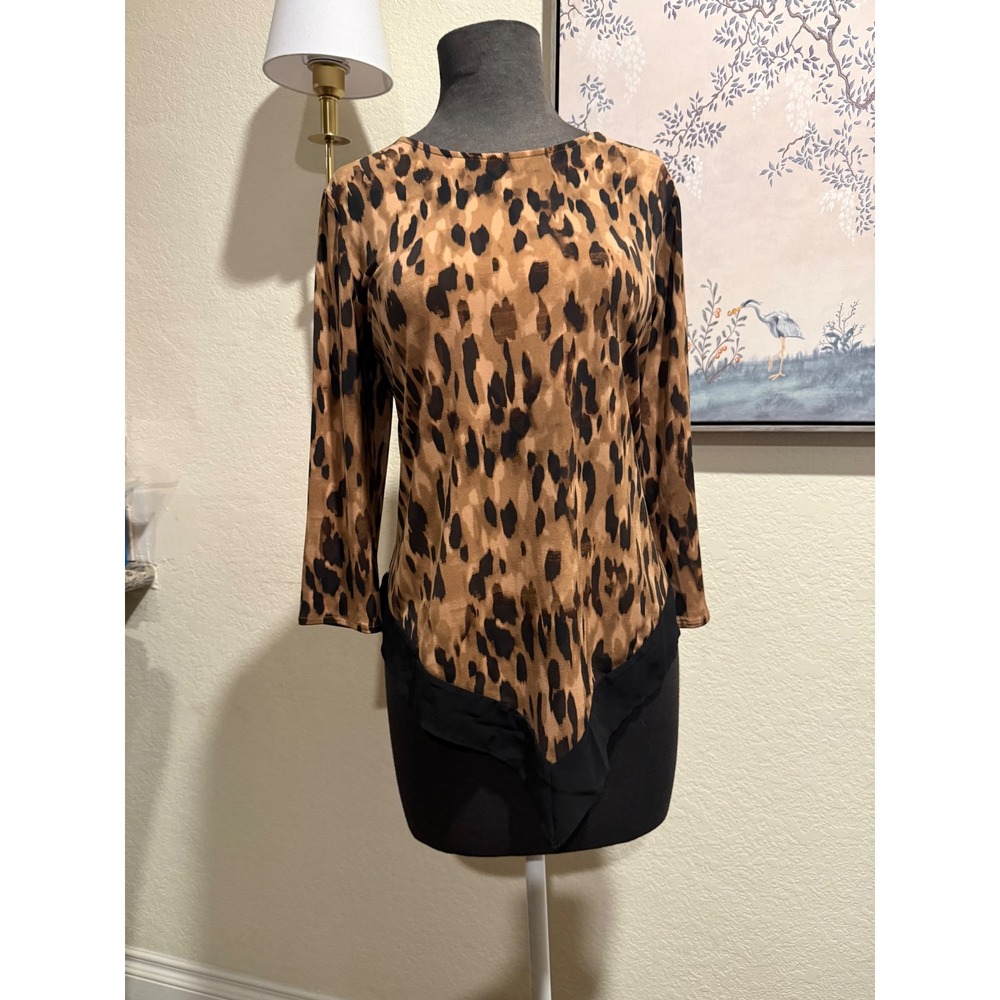 Alfani Leopard Print Sharkbite Hem Blouse Mesh Trim Brown Black PM Womens